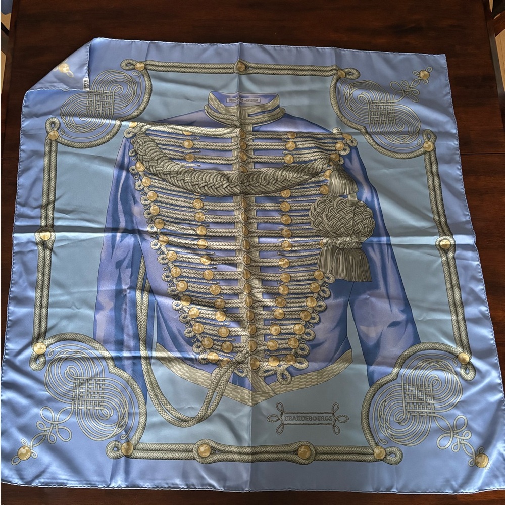 Hermes La Maison Blue and Gold Scarf